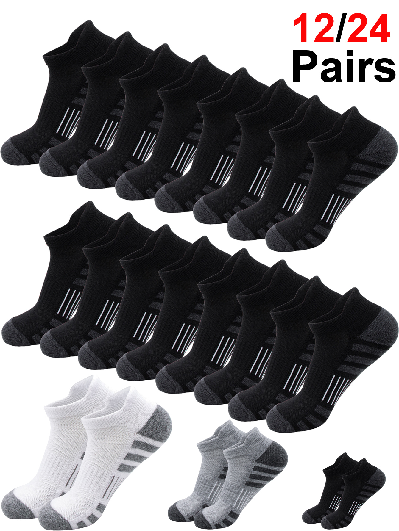 Athletic Sock Cushion - 12/24 Pairs Cushioned Breathable Ankle Athletic